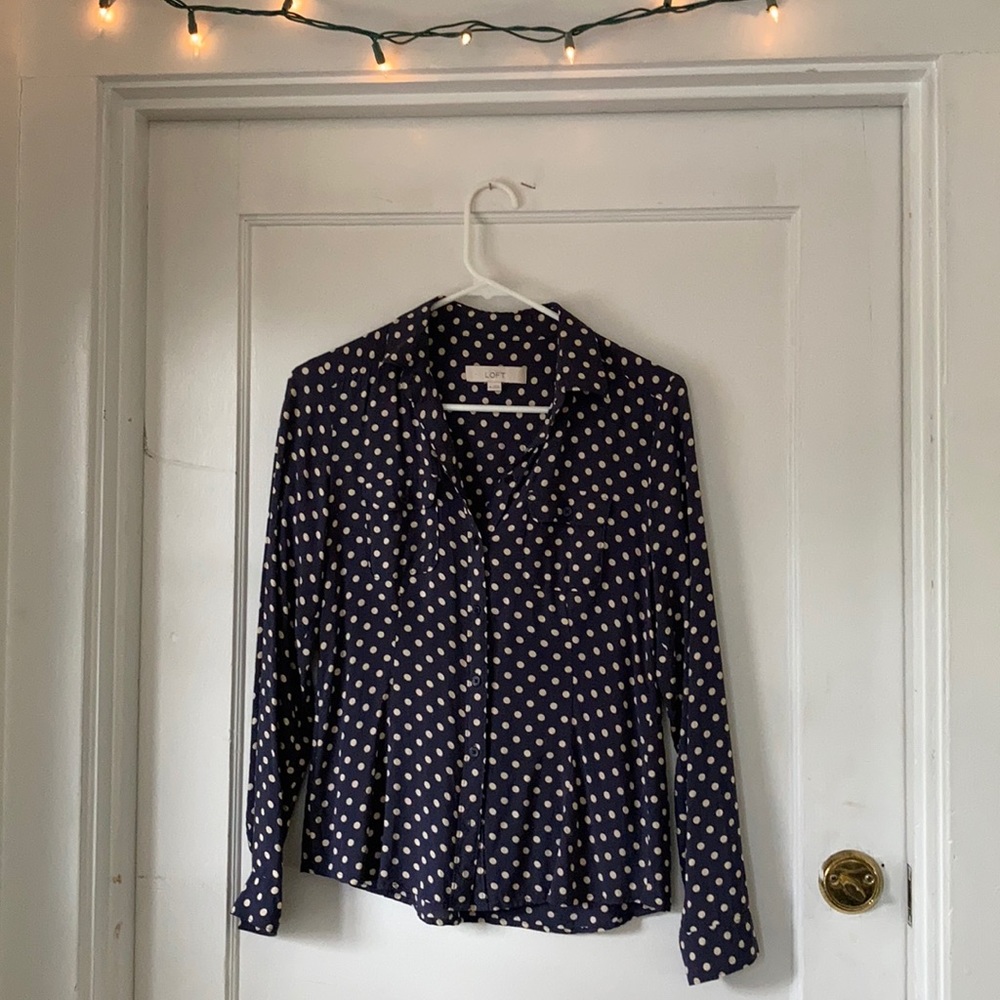 The LOFT navy polka dot long sleeve blouse